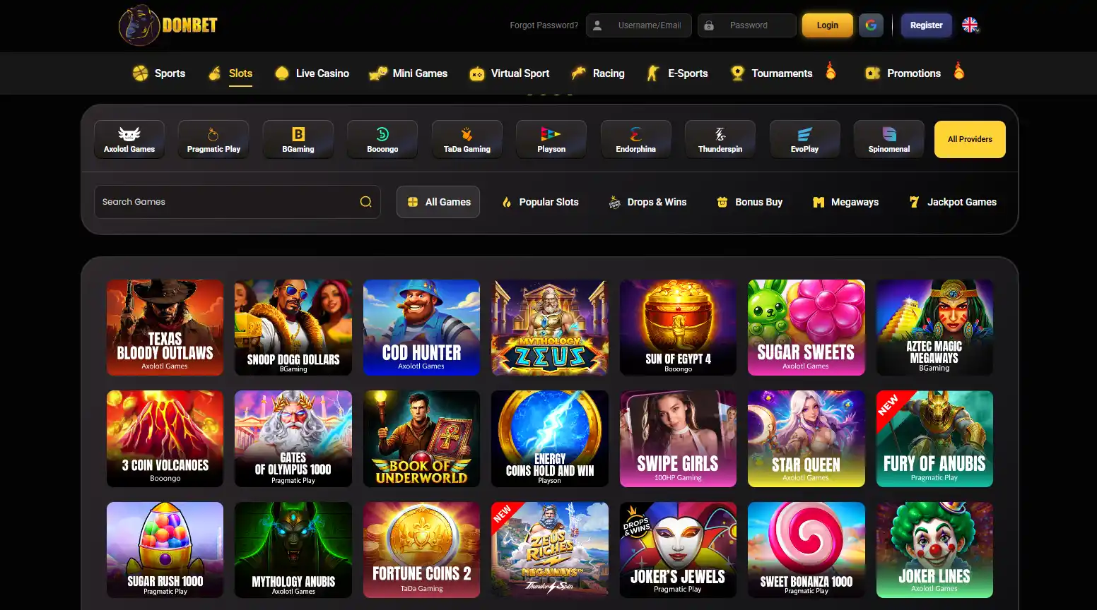 Current Donbet games lobby