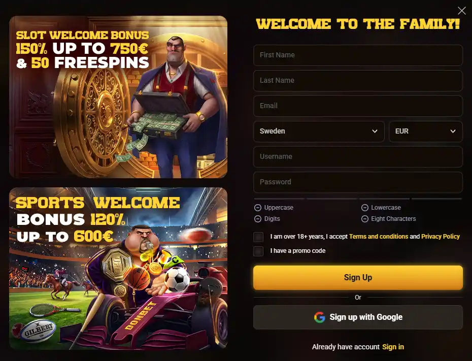 Current Donbet registration or verification screen